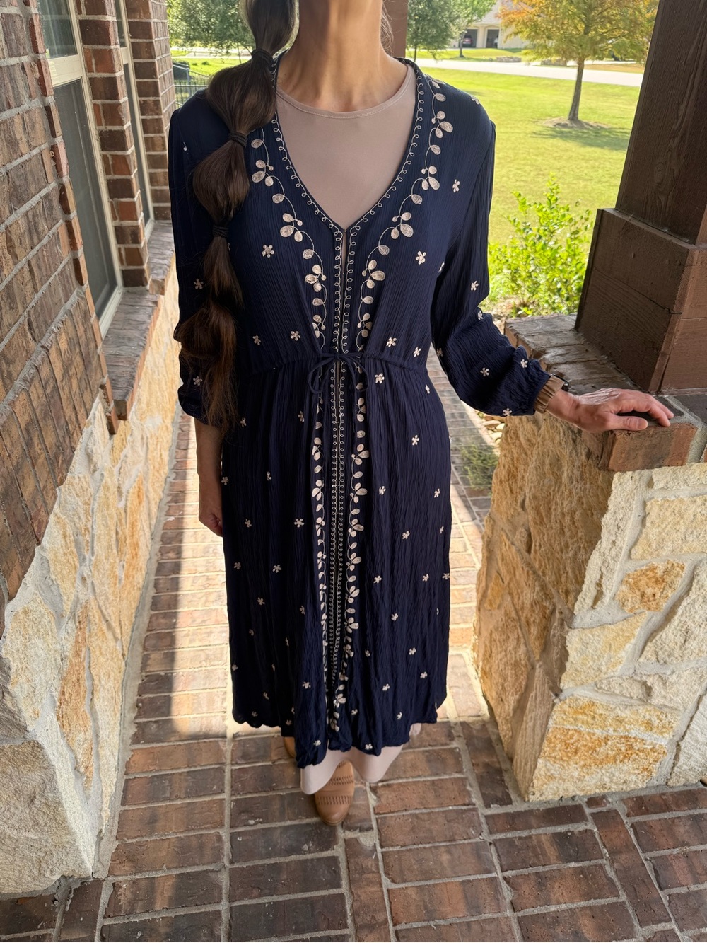 Natural Life Navy Embroidered Boho Duster Dress Kimono Size Medium